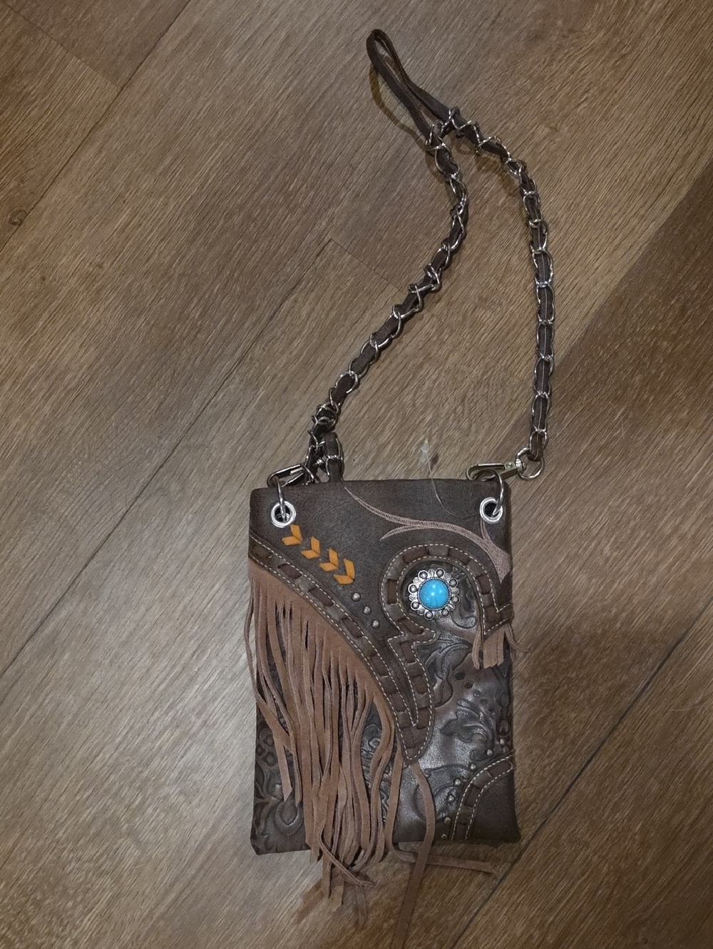 Brown Fringe Crossbody Phone Bag with Turquoise Concho
